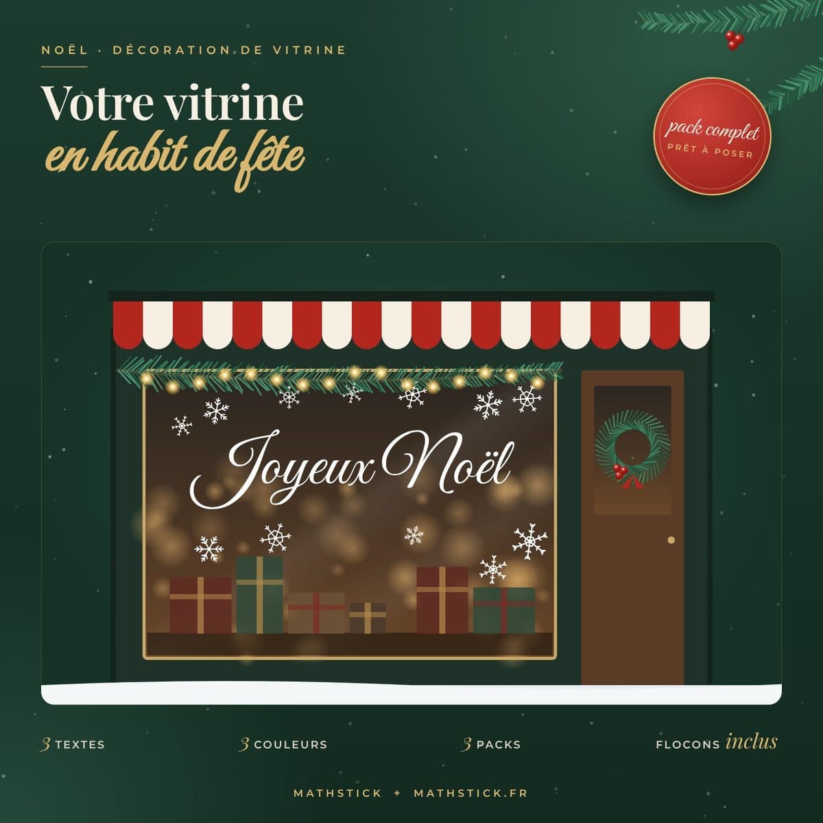 Décoration de vitrine de Noël – Lettrage « Joyeux Noël » + flocons en vinyle, pack prêt à poser — photo 1