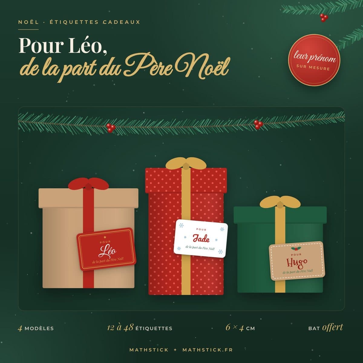 Étiquettes cadeaux de Noël personnalisées – Prénoms, de la part du Père Noël — photo 1