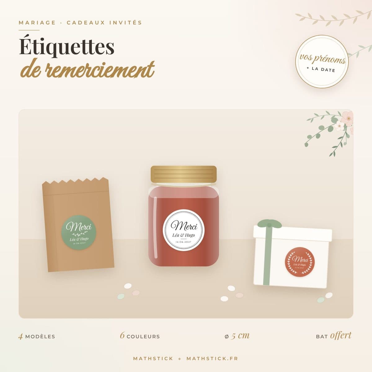 Étiquettes de remerciement mariage personnalisées – Prénoms et date, Ø 5 cm — photo 1