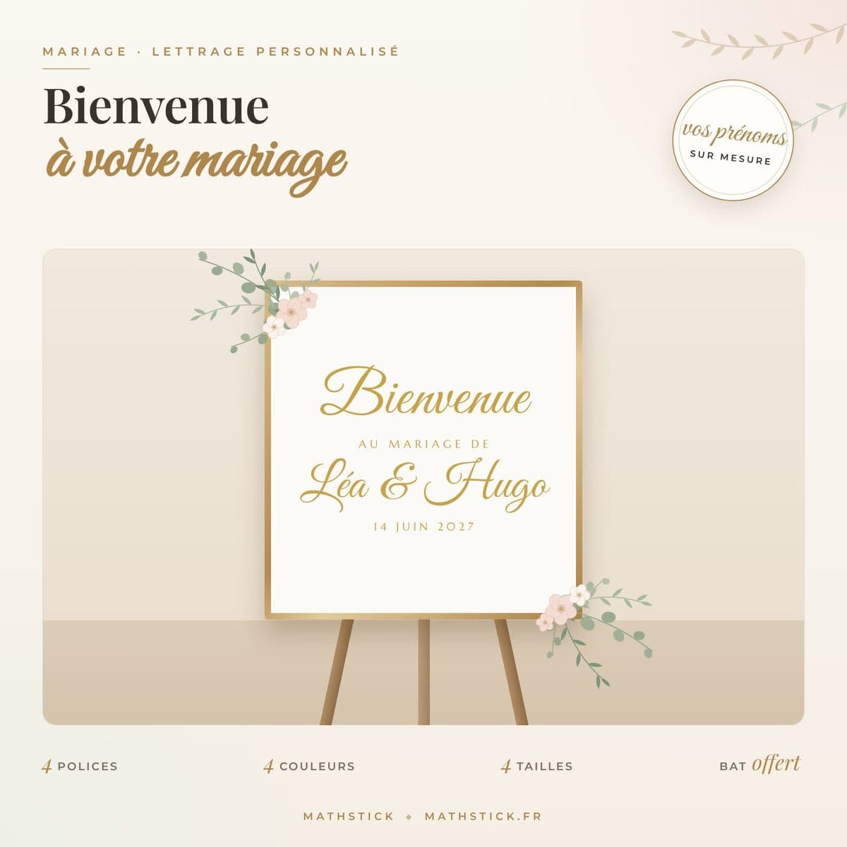Lettrage « Bienvenue au mariage » personnalisé – Vos prénoms, 4 polices — photo 1