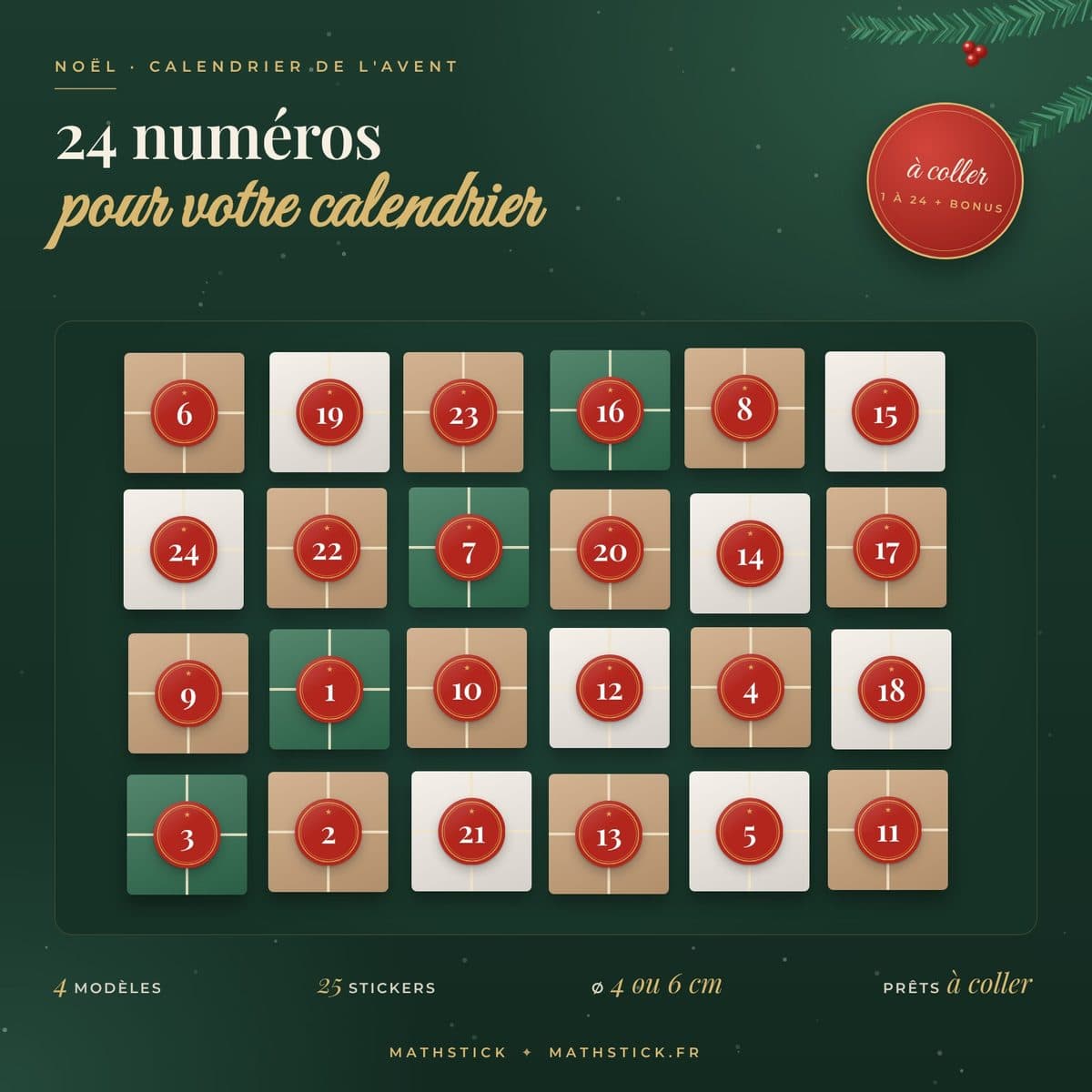 Numéros pour calendrier de l'Avent – Stickers 1 à 24 + Joyeux Noël, 4 modèles — photo 1