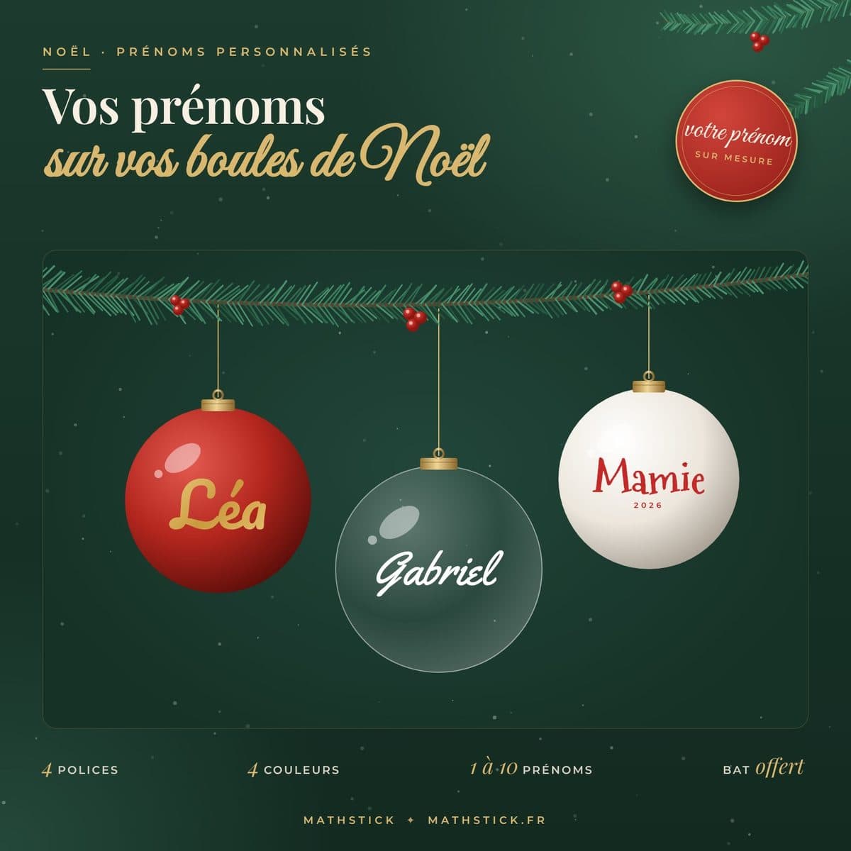 Prénoms pour boules de Noël – Lettrage adhésif personnalisé, de 1 à 10 prénoms — photo 1