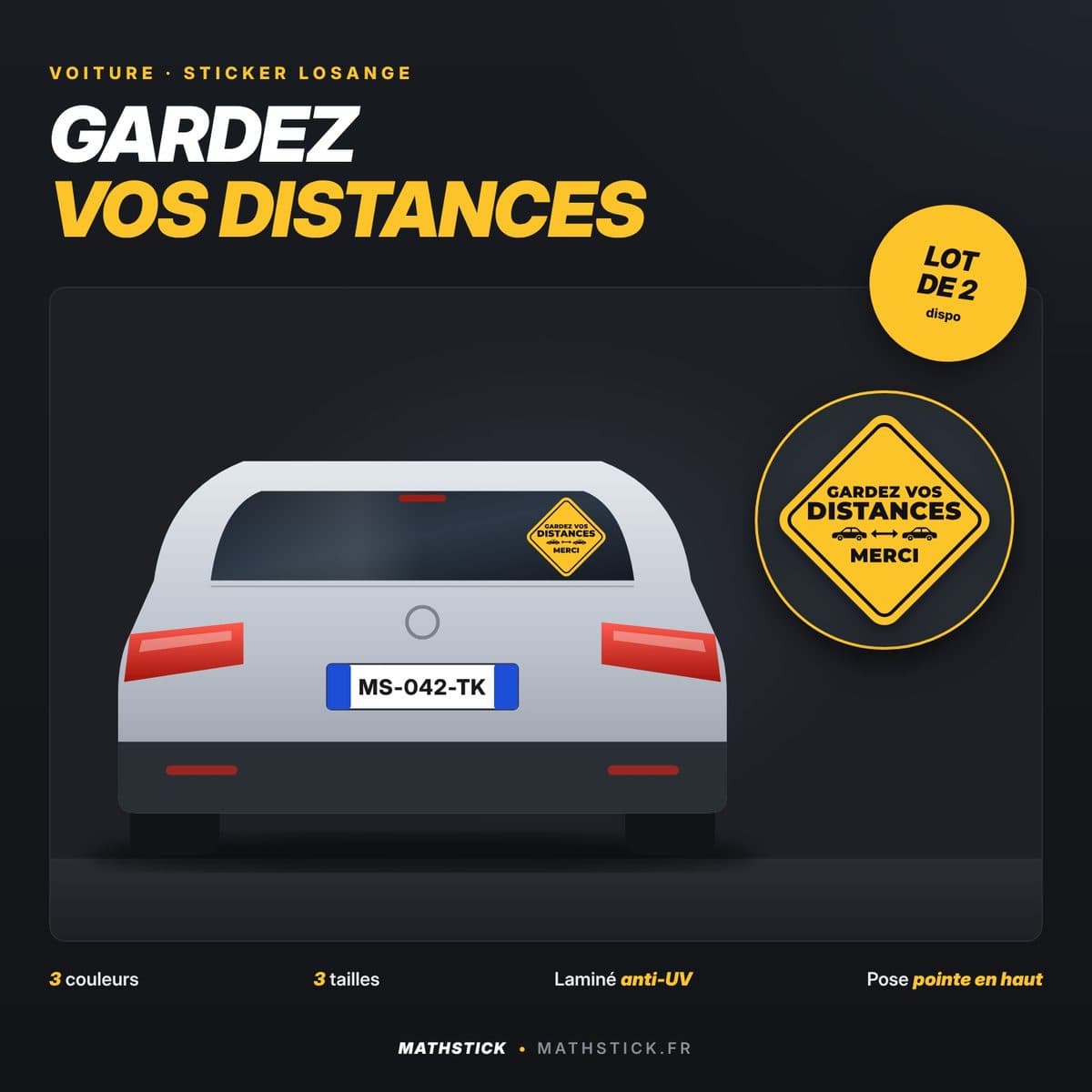 Sticker voiture « Gardez vos distances – Merci » – Losange pointe en haut, laminé anti-UV — photo 1