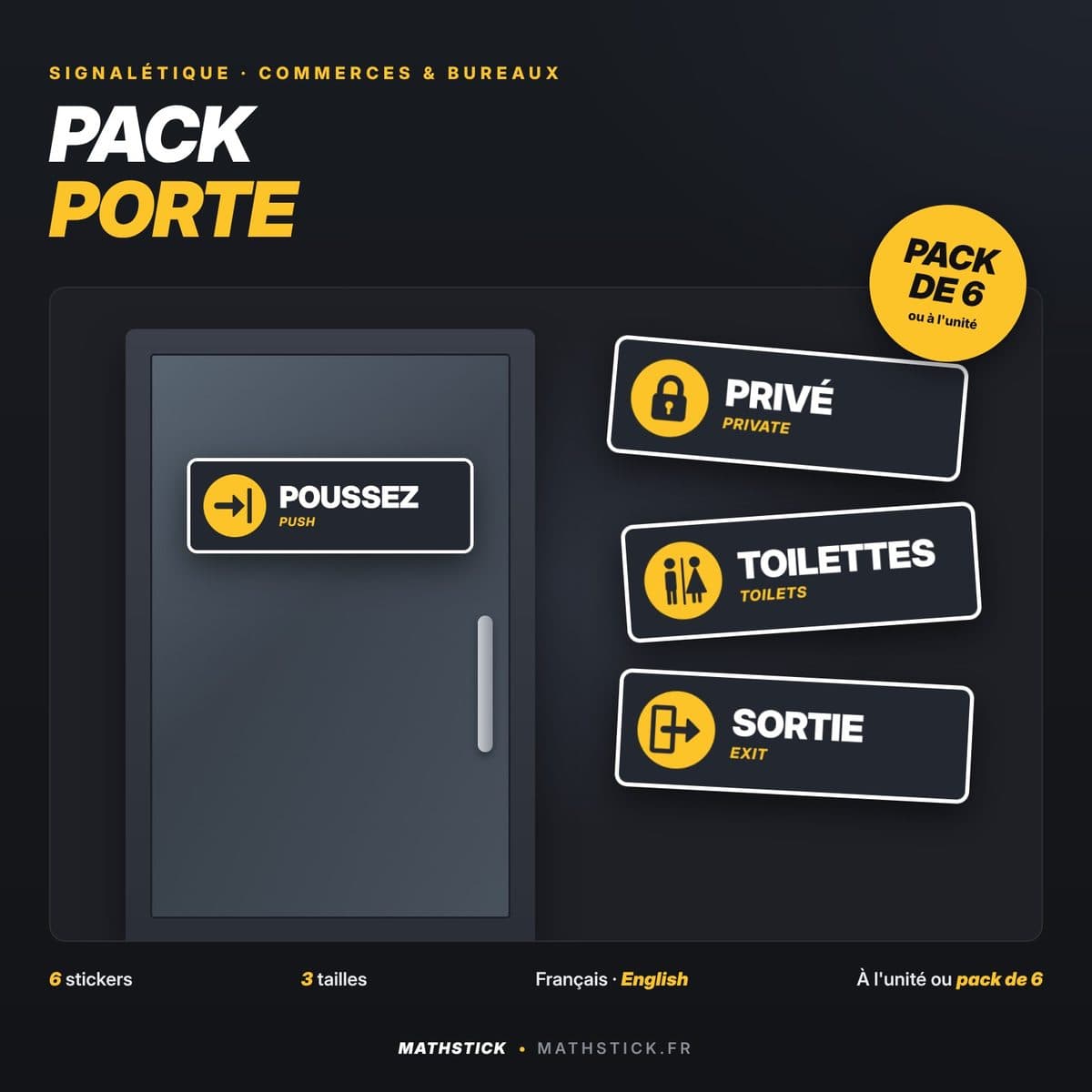 Stickers de porte – Poussez, Tirez, Privé, Toilettes… à l'unité ou pack de 6 — photo 1