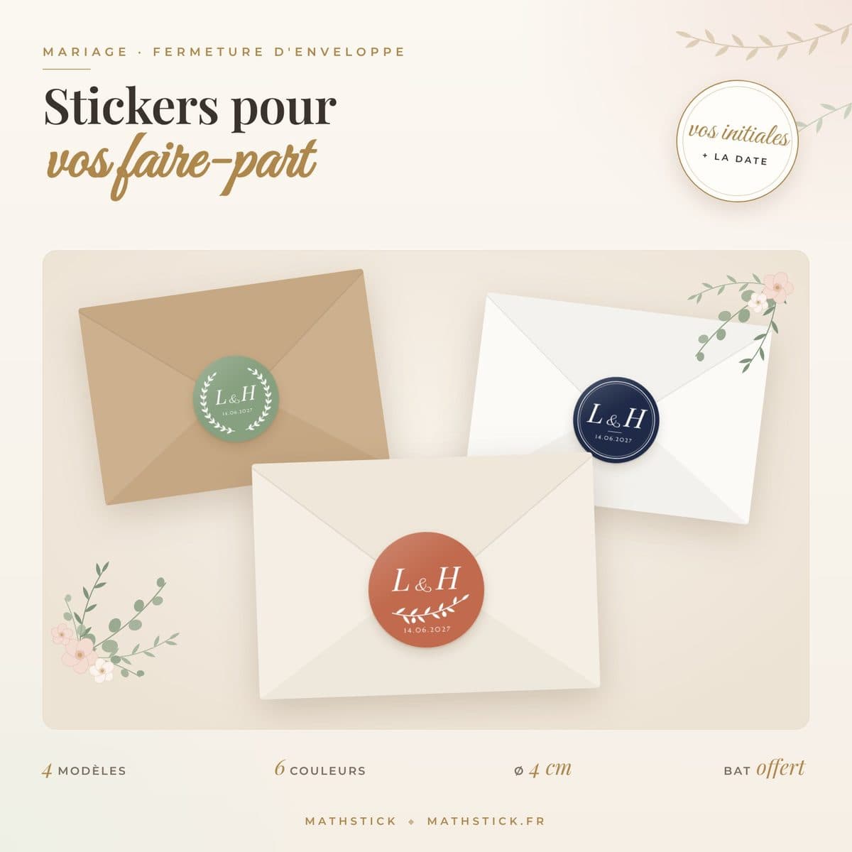 Stickers faire-part mariage personnalisés – Initiales et date, Ø 4 cm — photo 1