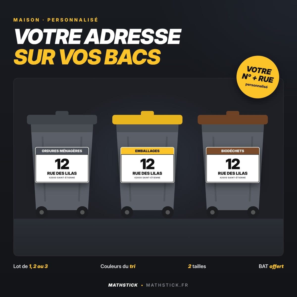 Stickers poubelle personnalisés – Numéro et rue, lot de 1 à 3 — photo 1
